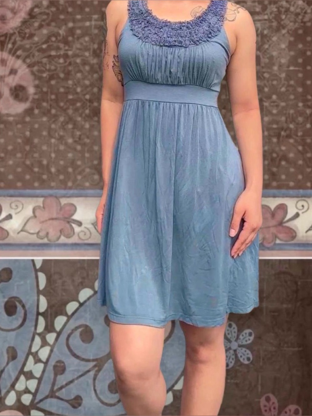 Y2K Ruffle Beaded Scoop Neck Empire Waist Dusty Blue Mini Dress